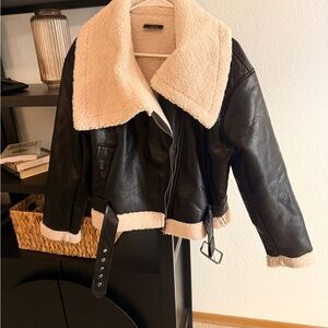 Vici Black Faux Leather Aviator Jacket with Cream Shearling